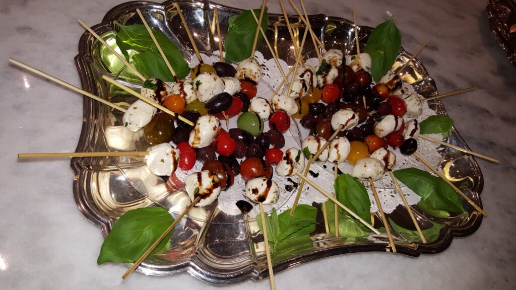 tomato and cheese skewers event display